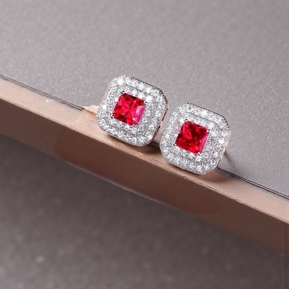 Elegant Silver and Red Stud Earrings - NWOT
